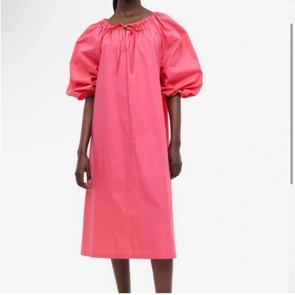 Drawstring-detail Dress Barbie color maxi Cotton dress Womens dress - Picture 2 of 2